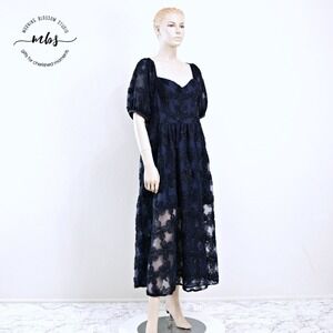Eywol Sweetheart Chic Mesh Floral Puff Sleeves Midi Dress Blue Women 2XL